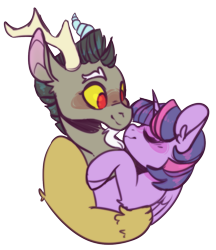 Size: 1055x1221 | Tagged: safe, artist:chyoatas, discord, twilight sparkle, alicorn, draconequus, pegasus, pony, g4, blushing, cute, discute, embrace, female, hug, kissing, male, nose kiss, ship:discolight, shipping, simple background, straight, transparent background, twilight sparkle (alicorn)