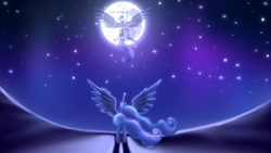 Size: 2910x1640 | Tagged: safe, artist:rainblueart, princess celestia, princess luna, alicorn, pony, g4, mare in the moon, moon, royal sisters, siblings, sisters