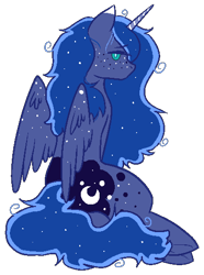 Size: 396x533 | Tagged: safe, artist:sniper-catte, princess luna, alicorn, pony, g4, freckles, looking at you, looking back, looking back at you, simple background, solo, spread wings, transparent background, underhoof, wings