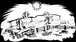 Size: 4256x2364 | Tagged: safe, artist:lexx2dot0, oc, oc only, oc:blackjack, oc:scotch tape, earth pony, pony, unicorn, fallout equestria, fallout equestria: project horizons, series:ph together we reread, black and white, butt, clothes, duo, fanfic art, female, grayscale, high res, horn, jumpsuit, mare, monochrome, plot, small horn, vault security armor, vault suit