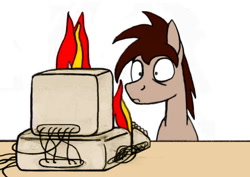 Size: 534x378 | Tagged: safe, artist:dsb71013, oc, oc only, oc:night cap, earth pony, pony, computer, fire