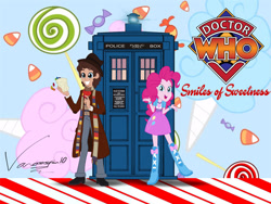 Size: 1280x960 | Tagged: safe, artist:edcom02, artist:vanossfan10, doctor whooves, pinkie pie, time turner, equestria girls, g4, candy, candy cane, candy corn, clothes, cotton candy, cravat, doctor who, fedora, food, fourth doctor, fourth doctor's scarf, hat, jelly babies, logo, lollipop, pants, scarf, striped scarf, tardis, the doctor, title card, tom baker, trenchcoat, waistcoat