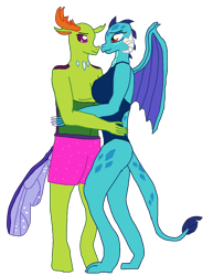 Size: 1236x1602 | Tagged: safe, artist:mlp-headstrong, princess ember, thorax, changedling, changeling, dragon, anthro, g4, ass, breasts, butt, changeling x dragon, clothes, dragoness, embrace, female, interspecies, king thorax, lizard breasts, male, one-piece swimsuit, ship:embrax, shipping, simple background, straight, swimsuit, transparent background