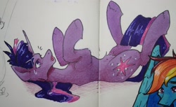 Size: 3298x2018 | Tagged: safe, artist:rover, artist:rrrover, twilight sparkle, pony, unicorn, g4, cute, embarrassed, high res, lying down, solo, traditional art, unicorn twilight