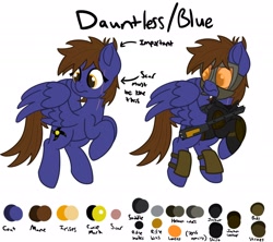 Size: 2048x1820 | Tagged: safe, artist:memeancholy, oc, oc only, oc:dauntless, pegasus, pony, fallout equestria, armor, battle saddle, clothes, flying, looking back, reference sheet, simple background, solo, white background