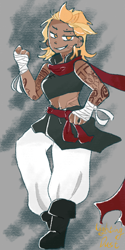 Size: 720x1440 | Tagged: safe, artist:metaruscarlet, lightning dust, human, g4, bandage, belt, boots, clothes, dark skin, ear piercing, earring, eyebrow piercing, grin, humanized, jewelry, martial artist, midriff, nose piercing, pants, piercing, scar, scarf, shoes, smiling, solo, tattoo, wrist tape