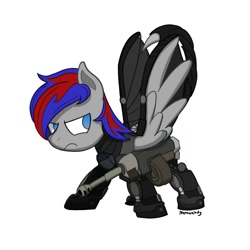 Size: 2000x2000 | Tagged: safe, artist:memeancholy, pegasus, pony, fallout equestria, armor, battle saddle, clothes, enclave, high res, looking back, power armor, solo