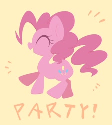 Size: 1739x1932 | Tagged: safe, artist:noupu, pinkie pie, earth pony, pony, g4, eyes closed, female, happy, mare, open mouth, open smile, party, simple background, smiling, solo, text, yellow background