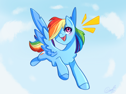 Size: 2732x2048 | Tagged: safe, artist:damayantiarts, rainbow dash, pegasus, pony, g4, chest fluff, cloud, female, flying, hair over one eye, high res, open mouth, open smile, sky, smiling, solo, spread wings, wings