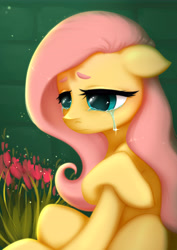 Size: 6300x8910 | Tagged: safe, artist:ottava, fluttershy, pegasus, pony, g4, absurd resolution, crying, female, floppy ears, flower, looking away, looking down, mare, sad, sitting, solo, teary eyes, three quarter view