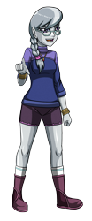 Size: 1128x2720 | Tagged: safe, artist:artemis-polara, silver spoon, equestria girls, g4, bracelet, clothes, glasses, jewelry, pointing, shirt, shoes, shorts, simple background, smiling, socks, solo, transparent background