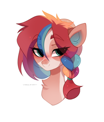 Size: 1800x2100 | Tagged: safe, artist:zlatavector, oc, oc only, earth pony, pony, blushing, bust, female, fluffy, mare, pigtails, portrait, shy, solo