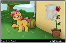 Size: 1306x851 | Tagged: safe, artist:agent-diego, babs seed, earth pony, pony, g4, digital art, female, filly, flower, slingshot, tree, window
