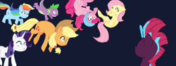 Size: 1280x482 | Tagged: safe, artist:benpictures1, artist:chedx, applejack, fluttershy, pinkie pie, rainbow dash, rarity, spike, tempest shadow, dragon, earth pony, pegasus, pony, unicorn, comic:the storm kingdom, g4, my little pony: the movie, applejack's hat, bad end, captured, cowboy hat, crystal of light, cute, dashabetes, diapinkes, female, floppy ears, general tempest shadow, hat, helmet, inkscape, jackabetes, mare, open mouth, raribetes, shocked, shocked expression, shyabetes, upside down, vector, wavy mouth