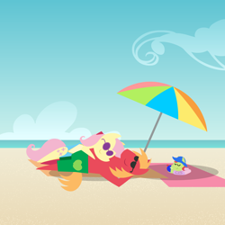 Size: 2160x2160 | Tagged: safe, anonymous artist, big macintosh, fluttershy, oc, oc:late riser, earth pony, pegasus, pony, series:fm family vacation, series:fm holidays, g4, arm behind head, baby, baby pony, beach, beach towel, beach umbrella, clothes, colt, cuddling, family, female, high res, male, mare, ocean, offspring, one-piece swimsuit, parent:big macintosh, parent:fluttershy, parents:fluttermac, pointy ponies, ship:fluttermac, shipping, sleeping, smiling, stallion, straight, sunbathing, sunglasses, swimming trunks, swimsuit