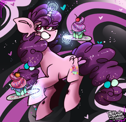 Size: 2800x2700 | Tagged: safe, artist:its_sunsetdraws, sugar belle, pony, unicorn, g4, cheek fluff, cupcake, digital art, fanart, food, glowing, glowing horn, high res, horn, looking at you, magic, poofy mane, simple background, smiling, smiling at you, solo, sprinkles, sprinkles in mane, telekinesis