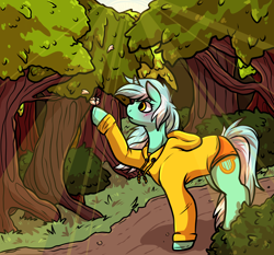 Size: 1740x1620 | Tagged: safe, artist:sexygoatgod, lyra heartstrings, pony, unicorn, g4, clothes, crepuscular rays, forest, hoodie, road, solo