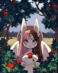 Size: 1166x1457 | Tagged: safe, artist:aniimoni, oc, oc only, bat pony, pony, apple, apple tree, female, food, hat, herbivore, mare, solo, tree