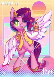 Size: 2480x3508 | Tagged: safe, artist:wavecipher, pipp petals, pegasus, pony, g5, abstract background, adorapipp, bipedal, cellphone, clothes, cute, female, flapper, high res, hoof hold, jacket, looking at you, mare, name, open mouth, open smile, phone, retrowave, smartphone, smiling, smiling at you, solo, spread wings, text, triangle, vaporwave, varsity jacket, white pupils, wings