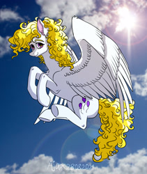 Size: 2700x3200 | Tagged: safe, artist:ajax, artist:ajaxorsomething, artist:willdrawhere, surprise, pegasus, pony, g1, cloud, flying, high res, looking at you, smiling, solo, spread wings, sunlight, sunshine, wings
