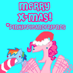 Size: 500x500 | Tagged: safe, artist:askpinkiepieandfriends, pinkie pie, rainbow dash, earth pony, pegasus, pony, g4, blue eyes, christmas, duo, female, flailing, hat, holiday, mare, merry christmas, santa hat, vomit, vomiting, waving arms