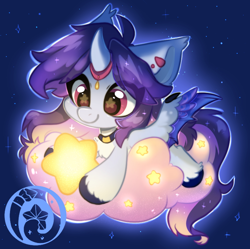 Size: 786x783 | Tagged: safe, artist:oofycolorful, oc, oc only, oc:九枭, pony, unicorn, g4, cloud, eye clipping through hair, female, mare, pale belly, smiling, solo, sparkly mane, sparkly tail, starry eyes, tail, white belly, wingding eyes