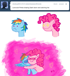 Size: 641x700 | Tagged: safe, artist:askpinkiepieandfriends, pinkie pie, rainbow dash, earth pony, pegasus, pony, g4, :c, ask, asphyxiation, blushing, blushing profusely, bone-crushing snuggles, female, frown, glowing eyes, hug, hug on the neck, lesbian, mare, ship:pinkiedash, shipping, tumblr, x eyes, xd