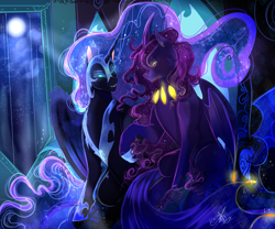 Size: 2100x1750 | Tagged: safe, artist:bunnari, nightmare moon, oc, alicorn, pony, g4, bat wings, blue eyes, blue mane, blue tail, cloud, commission, ethereal mane, eyelashes, fangs, female, flowing mane, flowing tail, glowing, helmet, hoof shoes, horn, looking at each other, moon, moonlight, night, purple mane, signature, smiling, starry mane, stars, teeth, throne, throne room, wings, yellow eyes