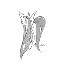 Size: 600x600 | Tagged: safe, artist:srmario, oc, oc only, oc:ambrosia, changeling queen, pony, changeling queen oc, grayscale, monochrome, signature, simple background, solo, white background