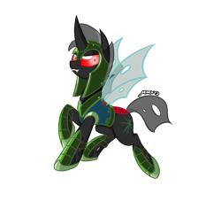 Size: 881x800 | Tagged: safe, artist:srmario, oc, oc only, oc:reinflak, changeling, armor, changeling oc, helmet, male, raised hoof, red changeling, red eyes, signature, simple background, solo, transparent background