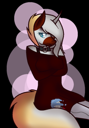 Size: 532x760 | Tagged: safe, artist:aonairfaol, oc, oc only, unicorn, anthro, abstract background, collar, crossed arms, female, grumpy, horn, sitting, unicorn oc