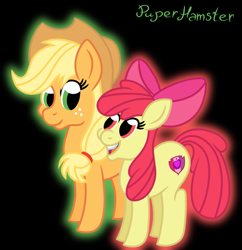 Size: 1209x1250 | Tagged: safe, artist:puperhamster, apple bloom, applejack, earth pony, pony, g4, apple sisters, female, filly, mare, siblings, sisters