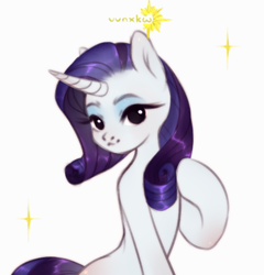 Size: 574x598 | Tagged: safe, artist:vvnxkw, rarity, pony, unicorn, g4, ambiguous facial structure, eyeshadow, female, hoof on chest, makeup, mare, signature, smiling, solo