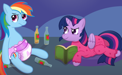 Size: 3200x1979 | Tagged: safe, artist:sweetielover, rainbow dash, twilight sparkle, alicorn, pegasus, pony, g4, book, bottle, cider, clothes, diaper, diaper fetish, female, fetish, mare, non-baby in diaper, onesie, pajamas, sleepover, twilight sparkle (alicorn)