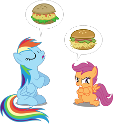Size: 2353x2587 | Tagged: safe, artist:chainchomp2 edits, artist:drakizora, artist:hourglass-vectors, artist:sollace, edit, editor:slayerbvc, vector edit, rainbow dash, scootaloo, pegasus, pony, g4, angry, argument, burger, crossed legs, duo, duo female, eyes closed, female, filly, food, frown, gritted teeth, hay burger, high res, mare, oat burger, oats, open mouth, pictogram, simple background, sitting, speech bubble, transparent background, vector, wings