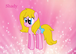 Size: 1267x899 | Tagged: safe, artist:nickthedog45, shady, earth pony, pony, g1, g4, bow, cute, female, g1 shadybetes, g1 to g4, generation leap, mare, pink background, pink text, simple background, smiling, solo, tail bow, text, wallpaper
