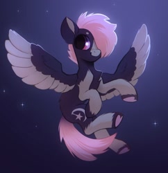 Size: 1502x1550 | Tagged: safe, artist:draw3, oc, oc only, pegasus, pony, chest fluff, cloud, coat markings, flying, night, smiling, socks (coat markings), solo, spread wings, underhoof, wings