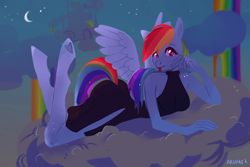 Size: 1200x800 | Tagged: safe, artist:arumaa, rainbow dash, pegasus, anthro, unguligrade anthro, g4, :p, black dress, breasts, busty rainbow dash, clothes, cloud, dress, female, frog (hoof), looking at you, lying down, lying on a cloud, night, on a cloud, prone, signature, smiling, solo, spread wings, tongue out, underhoof, wings