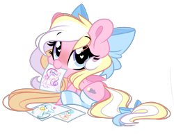 Size: 3363x2601 | Tagged: safe, artist:emberslament, coco pommel, princess cadance, oc, oc only, oc:bay breeze, pegasus, pony, 2022 community collab, derpibooru community collaboration, g4, blushing, bow, chibi, clothes, cute, female, hair bow, heart eyes, high res, hnnng, long mane, looking up, mouth hold, ocbetes, pegasus oc, simple background, sitting, socks, solo, striped socks, tail bow, transparent background, weapons-grade cute, wingding eyes