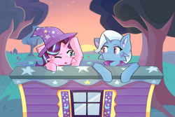 Size: 1280x854 | Tagged: safe, artist:tater, starlight glimmer, trixie, pony, unicorn, g4, accessory swap, cheek fluff, clothes, cute, diatrixes, duo, duo female, female, glimmerbetes, hat, looking at each other, mare, one eye closed, smiling, sunset, tree, trixie's hat, trixie's wagon