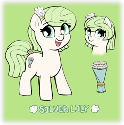 Size: 2264x2292 | Tagged: safe, artist:heretichesh, oc, oc only, oc:silverlily, earth pony, pony, cute, eye clipping through hair, female, filly, flower, flower in hair, green background, high res, looking at you, ocbetes, open mouth, open smile, simple background, smiling, solo