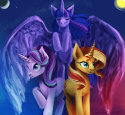 Size: 3900x3600 | Tagged: safe, artist:endergurl511, starlight glimmer, sunset shimmer, twilight sparkle, alicorn, pony, unicorn, g4, eyes closed, female, high res, magical trio, mare, moon, signature, sky, spread wings, sun, twilight sparkle (alicorn), wings