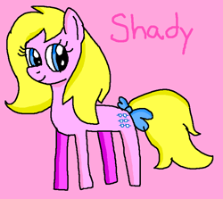 Size: 700x625 | Tagged: safe, artist:brobbol, shady, earth pony, pony, g1, g4, 1000 hours in ms paint, bow, cute, female, g1 shadybetes, g1 to g4, generation leap, mare, ms paint, pink background, signature, simple background, smiling, solo, tail bow