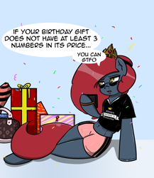 Size: 1094x1259 | Tagged: safe, artist:n-o-n, oc, oc only, oc:jessi-ka, semi-anthro, arm hooves, birthday, clothes, crown, frown, jewelry, open mouth, regalia, rich, rude, sitting, solo, speech bubble, spoiled, talking, tiara