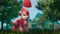 Size: 3840x2160 | Tagged: safe, artist:skytails, pinkie pie, earth pony, pony, g4, 3d, balloon, blender, grass, high res, model:djthed, mountain, open mouth, scenery, solo, tree