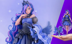 Size: 990x600 | Tagged: safe, kotobukiya, princess luna, alicorn, human, pony, g4, official, blue background, clothes, dark skin, dress, female, holding, human coloration, human ponidox, humanized, kotobukiya princess luna, self ponidox, simple background