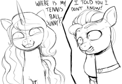 Size: 2900x2000 | Tagged: safe, artist:swagstapiece, izzy moonbow, sunny starscout, earth pony, pony, unicorn, g5, dialogue, duo, female, grayscale, high res, insanity, mare, monochrome, sketch