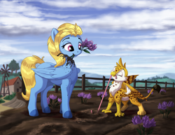 Size: 2400x1848 | Tagged: safe, artist:sirzi, oc, oc only, oc:beaky, oc:brave blossom, earthworm, griffon, pegasus, pony, worm, fanfic:yellow feathers, behaving like a bird, chickub, cloud, cloudy, duo, farm, female, flower, garden, gardener, griffon oc, griffons doing bird things, high res, male, mother and child, mother and son, pegasus oc
