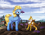Size: 2400x1848 | Tagged: safe, artist:sirzi, oc, oc only, oc:beaky, oc:brave blossom, earthworm, griffon, pegasus, pony, worm, fanfic:yellow feathers, behaving like a bird, chickub, cloud, cloudy, duo, farm, female, flower, garden, gardener, griffon oc, griffons doing bird things, high res, male, mother and child, mother and son, pegasus oc