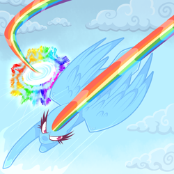 Size: 3000x3000 | Tagged: safe, artist:gingygin, rainbow dash, pegasus, pony, g4, female, flying, high res, mare, rainbow trail, solo, sonic rainboom, speed trail